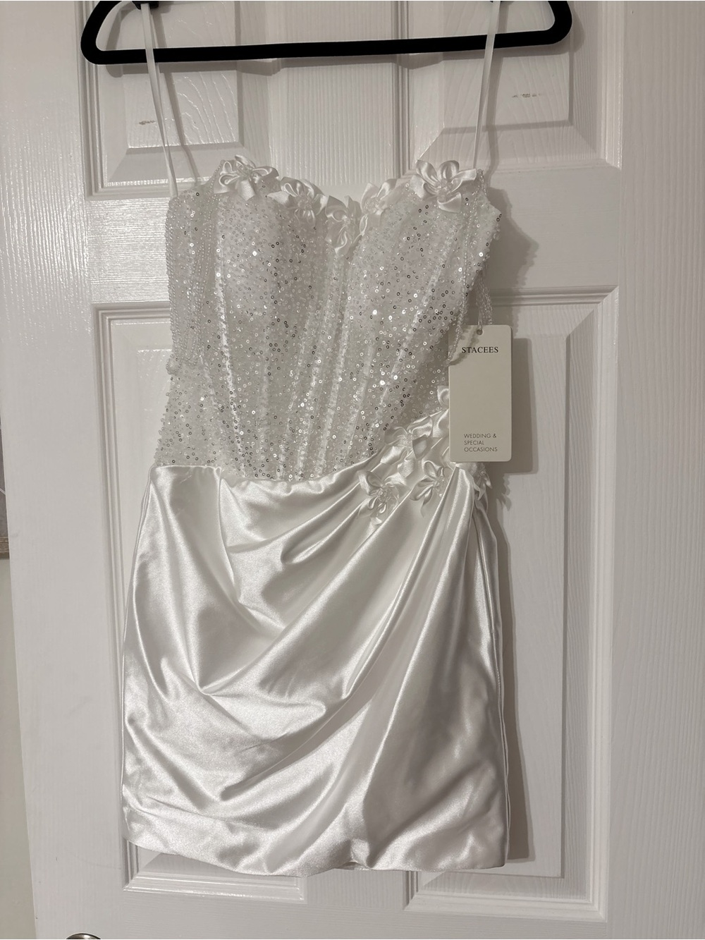 Stacee's White Sequin & Satin Spaghetti-Strap Wedding Dress